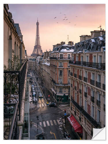 Selvklebende plakat Street in Paris with Eiffel tower at sunset