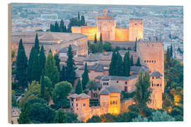 Holzbild Festung der Alhambra bei Sonnenuntergang