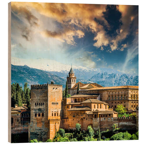 Wood print View of the famous Alhambra