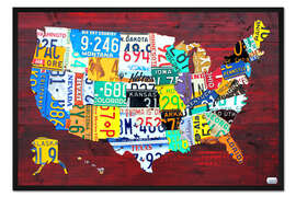 Gerahmter Kunstdruck Nummernschild Karte der USA