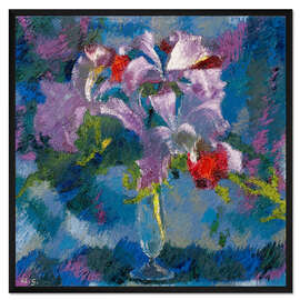 Gerahmter Kunstdruck Orchideen auf blauem Grund