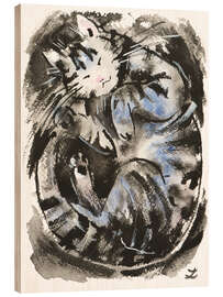 Wood print Sleeping Tabby Cat