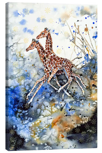 Canvas print Golden childhood. Giraffe babies play