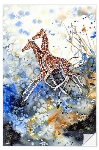 Selvklebende plakat Golden childhood. Giraffe babies play