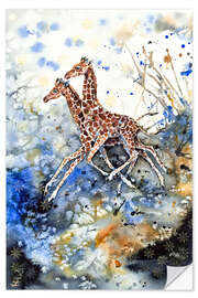 Selvklebende plakat Golden childhood. Giraffe babies play