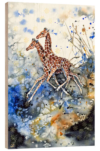 Holzbild Goldene Kindheit. Giraffe Babys spielen