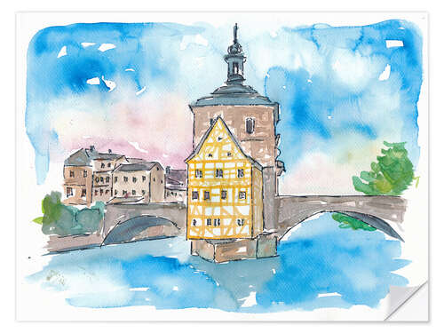 Selvklæbende plakat Bridge In Bamberg Bavaria with City Hall