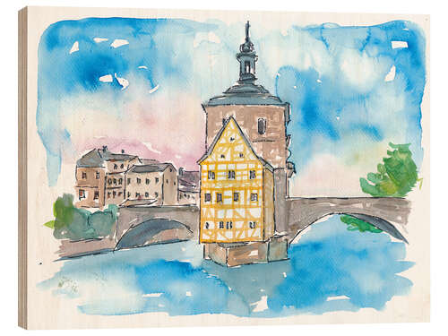 Hout print Bridge In Bamberg Bavaria with City Hall