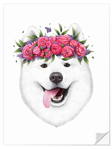 Selvklebende plakat Samoyed with flower wreath