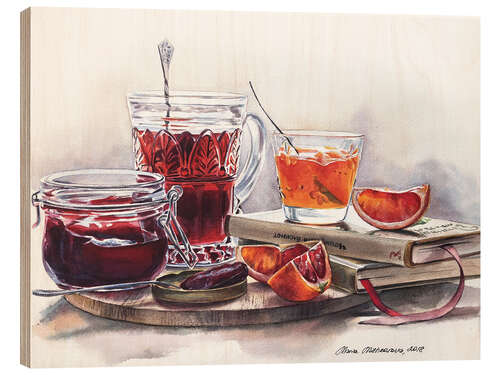 Hout print Watercolor still life with Jam jars