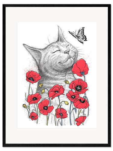 Impression artistique encadrée Chat dans les coquelicots