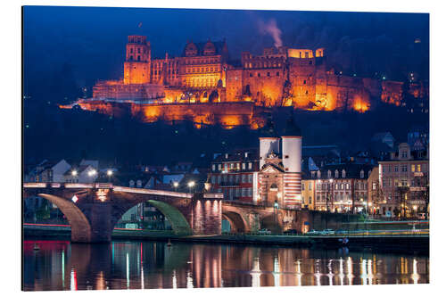 Stampa su alluminio Castle and Old Bridge at night, Heidelberg, Baden-Wurttemberg, Germany