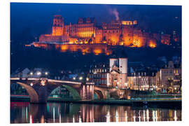 Print på skumplade Castle and Old Bridge at night, Heidelberg, Baden-Wurttemberg, Germany