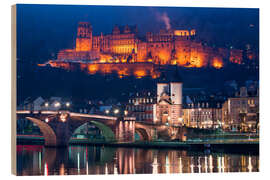 Holzbild Schloss und Alte Brücke bei Nacht, Heidelberg, Baden-Württemberg, Deutschland