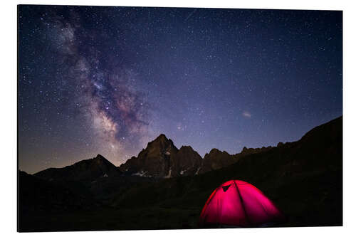 Aluminium print Glowing camping tent under starry sky on the Alps