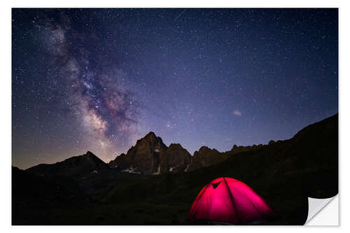 Naklejka na ścianę Glowing camping tent under starry sky on the Alps