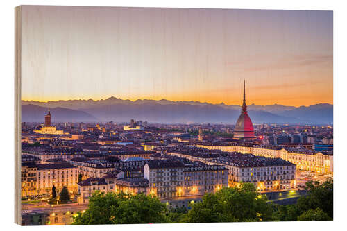 Holzbild Turin (Torino) Stadt bei Sonnenuntergang, Italien