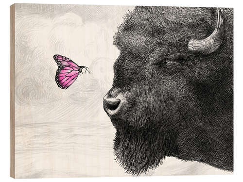 Wood print Bison And Butterfly