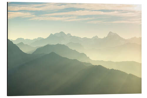 Quadro em alumínio Sunlight behind mountain peaks silhouette, the Alps