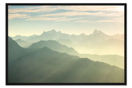 Gerahmter Kunstdruck Sonnenlicht hinter Bergspitzen, Alpen