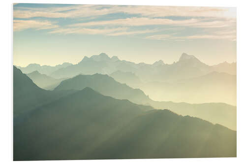 Quadro em PVC Sunlight behind mountain peaks silhouette, the Alps