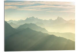 Gallery print Sunlight behind mountain peaks silhouette, the Alps