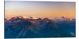 Aluminium print Sunset over rocky mountain peaks, ridges and valleys, the Alps