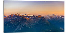 Gallery print Sunset over rocky mountain peaks, ridges and valleys, the Alps