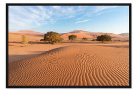 Gerahmter Kunstdruck Morgennebel über Sanddünen und Akazienbäume bei Sossusvlei, Namibia