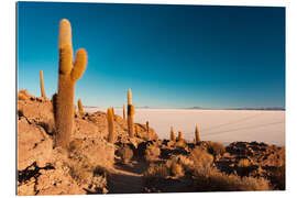 Tableau en plexi-alu Isla Incahuasi and Uyuni Salt Flat at sunrise, travel destination in Bolivia.