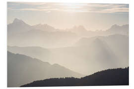 Foam board print Sunlight behind mountain peaks silhouette, the Alps