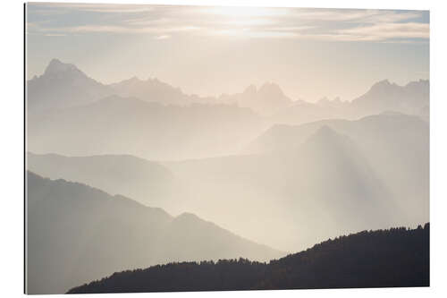 Gallery print Sunlight behind mountain peaks silhouette, the Alps