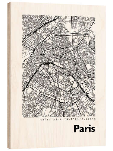 Wood print City map of Paris V