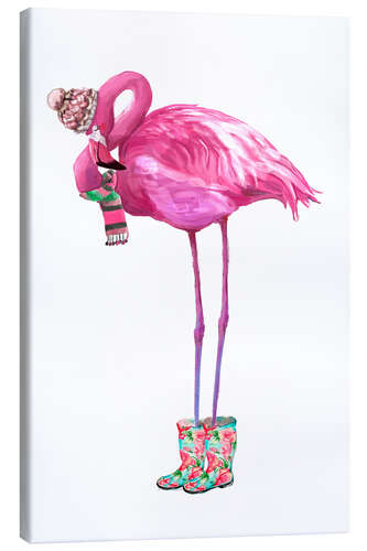 Canvas print Pink flamingo with rubber boots