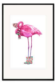 Gerahmter Kunstdruck Rosafarbener Flamingo mit Gummistiefeln