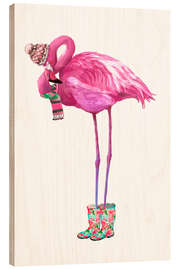 Holzbild Rosafarbener Flamingo mit Gummistiefeln