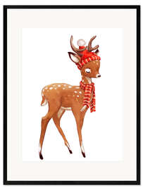 Framed art print Winter deer with scarf and hat