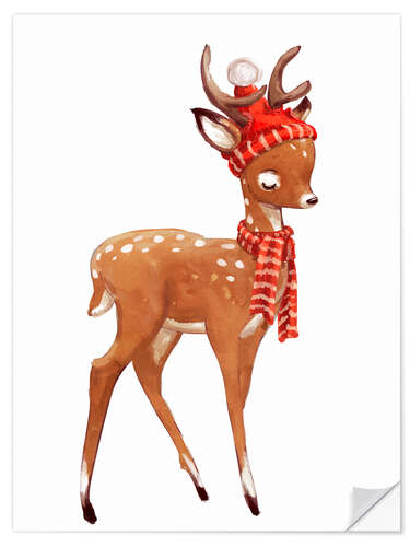 Naklejka na ścianę Winter deer with scarf and hat