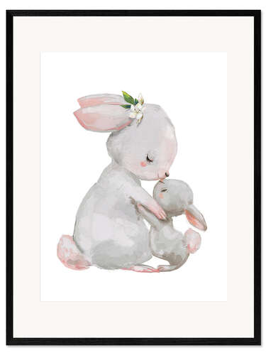 Framed art print Cute white bunnies - mother with child