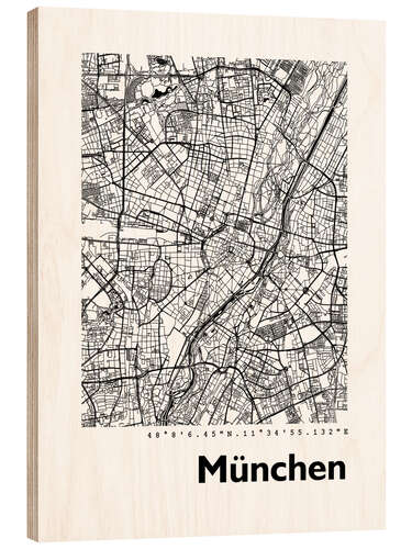 Hout print City map of Munich