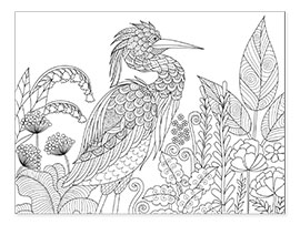 Väritysjuliste  Egret kukkien välillä