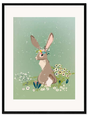 Kehystetty taidepainatus Rabbit with wildflowers