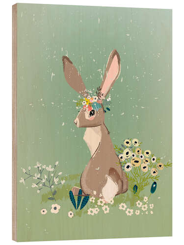 Wood print Rabbit with wildflowers