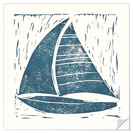 Selvklebende plakat Sailing ship linocut on white IV