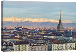 Leinwandbild Stadt-Skyline Turins (Torino) bei Sonnenaufgang, Italien, snowcapped Alpenhintergrund