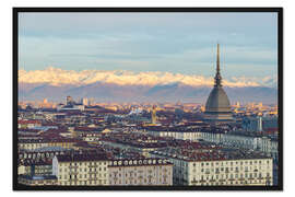 Gerahmter Kunstdruck Stadt-Skyline Turins (Torino) bei Sonnenaufgang, Italien, snowcapped Alpenhintergrund