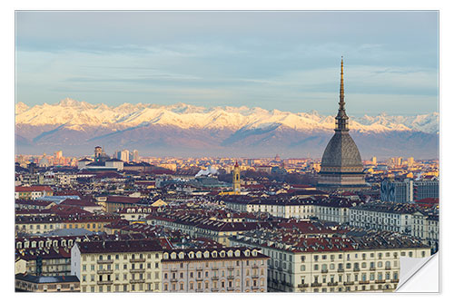 Vinilo para la pared Turin (Torino) city skyline at sunrise, Italy, snowcapped Alps background