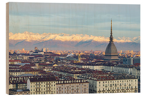 Holzbild Stadt-Skyline Turins (Torino) bei Sonnenaufgang, Italien, snowcapped Alpenhintergrund