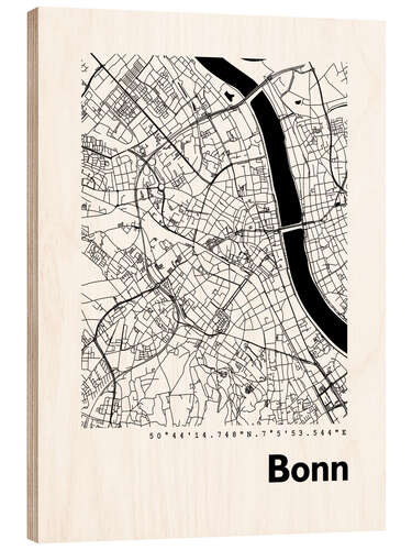 Hout print City map of Bonn