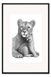 Gerahmter Kunstdruck Löwin mit ihrem Jungen